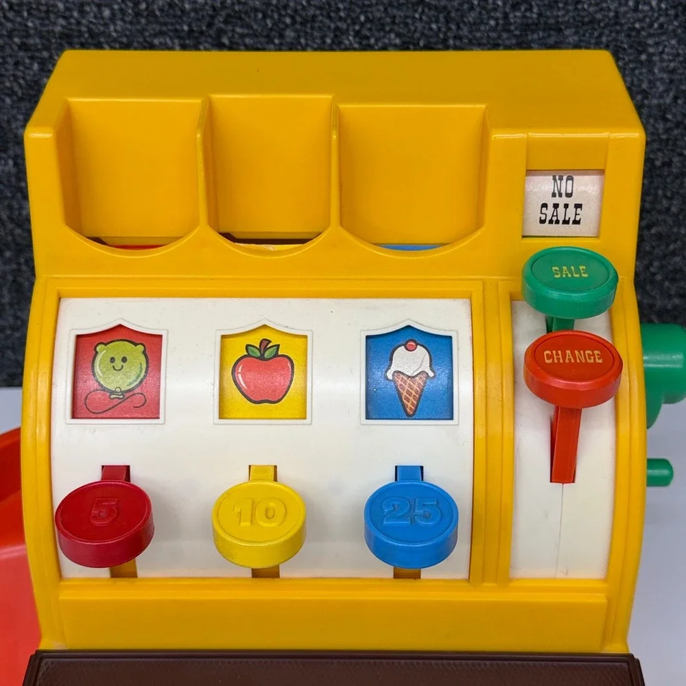 Vintage 1974 Fisher Price Cash Register 926 with 5 Coins Retro Toy Made in USA